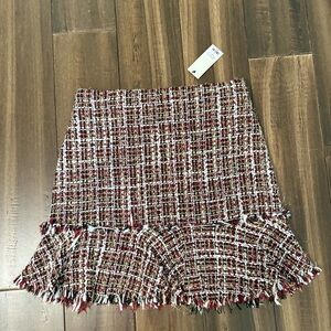 NWT Sz S Fitted Tweed Trumpet Flare Ruffle Skirt Red Pink White Gold Y2K Style